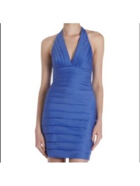 BCBGMaxAzria Royal Blue Halter Bodycon Cocktail Dress size10 Layered Raw Edge